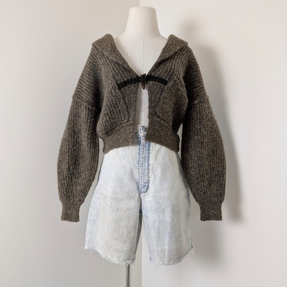 Tribal Knit Cardigan Cropped Long Balloon Sleeve Single Button Closure Collar - Picture 6 of 12